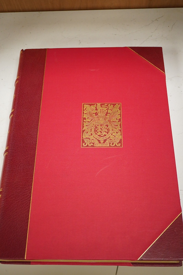 Bartholomew, J.G. - The Survey Atlas of England & Wales ... 84 coloured plates of maps & plans (many d-page); rebound mid 20th century red half morocco and cloth, gilt amorial upper cover, gilt ruled panelled spine, gilt